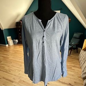 L.L. Bean blue splitneck long sleeve henley top with roll-up sleeves. Size M